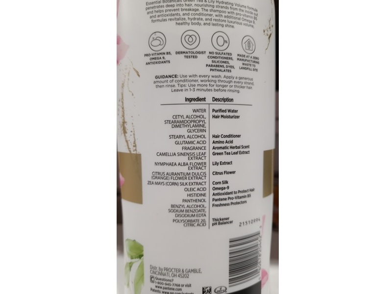 Pantene Hydrating Volume Conditioner, Green Tea & Lily, 38.2 fl oz/1.13 L