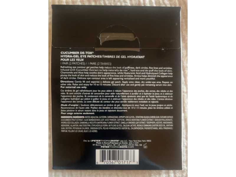 Peter Thomas Roth Cucumber Detox Hydra-Gel Eye Patches, 1 Pair