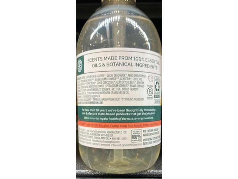 Seventh Generation Clean With Purpose Hand Wash, Mandarin Orange & Grapefruit Scent, 12 fl oz/354 mL