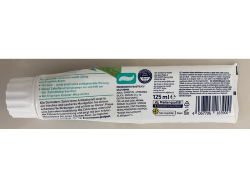 Dm Dontodent Anti-Bacterial Toothpaste, Mint, 125 mL, Pack Of 3