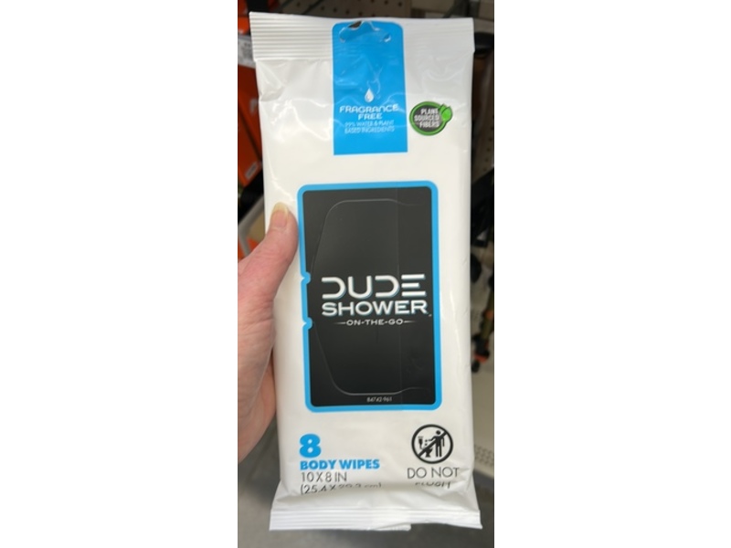 Dude Shower On The Go Body Wipes, Fragrance Free, 8 Count