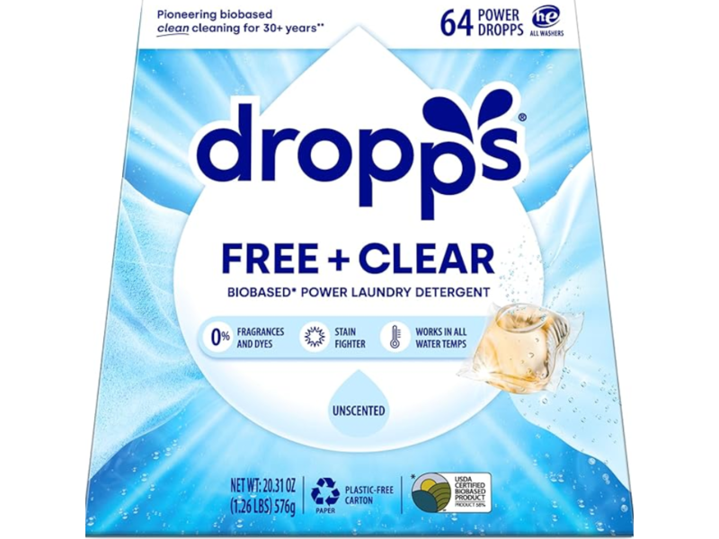 Dropps Free + Clear Biobased Power Laundry Detergent Pods, Unscented, 64 Loads, 20.31 oz/576 g