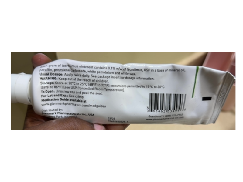 Tacrolimus Ointment, 0.1%, 100 g, Glenmark Pharmaceulticals (RX)