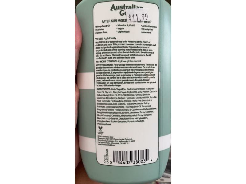 Australian Gold After Sun Moisturizer, Hemp Seed Oil, 16 fl oz/473 mL, Pack Of 2