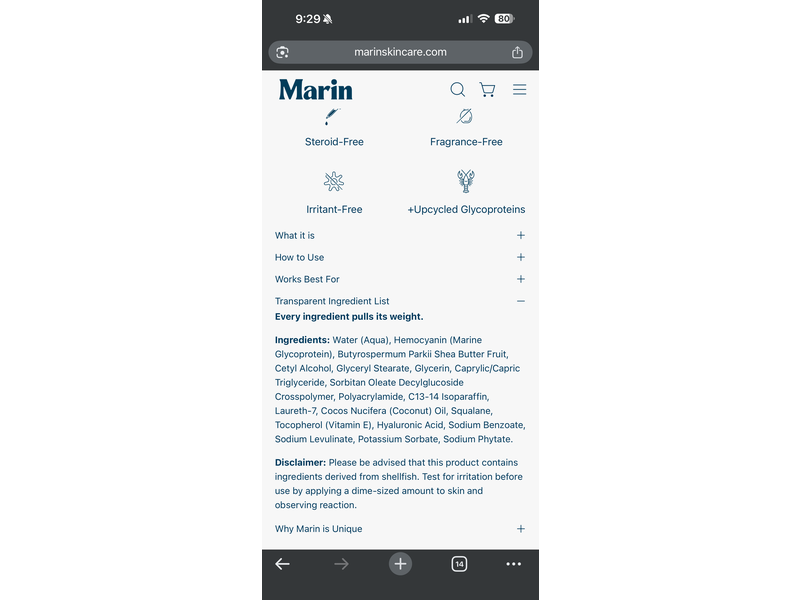 Marin Soothing Hydration Cream, Marine Glycoproteins, 4oz