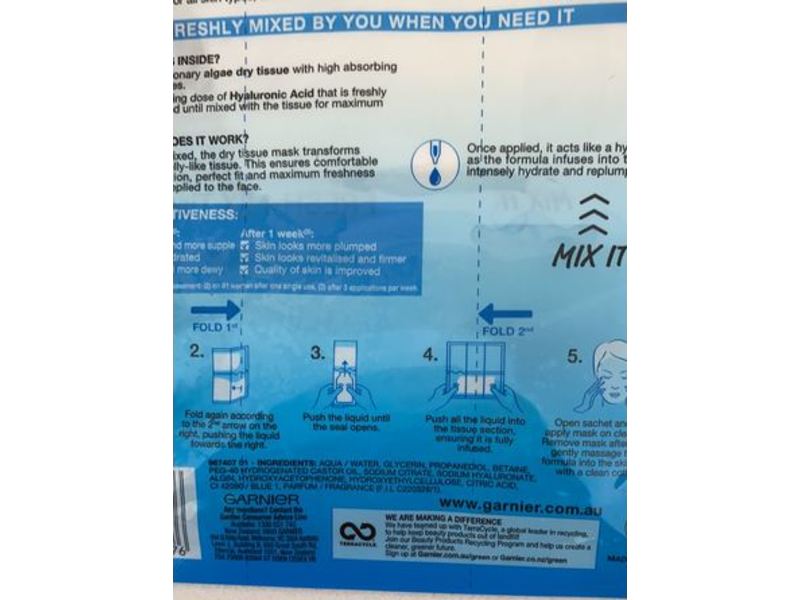 Garnier Skinactive Fresh Mix Tissue Mask, Hyaluronic Acid, Plumps & Smoothes, 33 ml