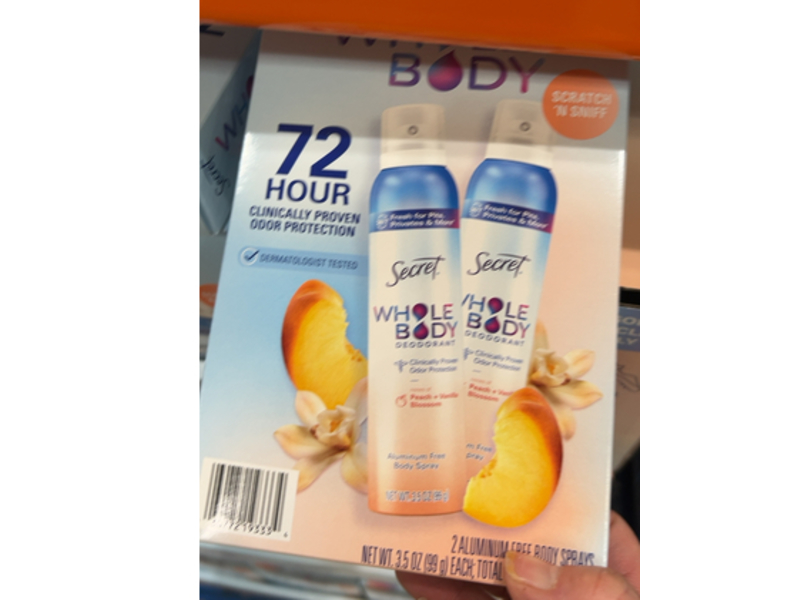 Secret Whole Body Deodorant Spray, Peach + Vanilla Blossom, 3.5 oz/99 g, 2 Pack