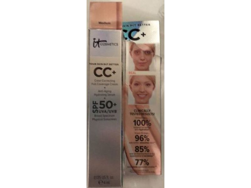 It Cosmetics CC+ Color Correcting Full Coverage Cream, Medium, SPF 50+, 0.135 fl oz/4 mL