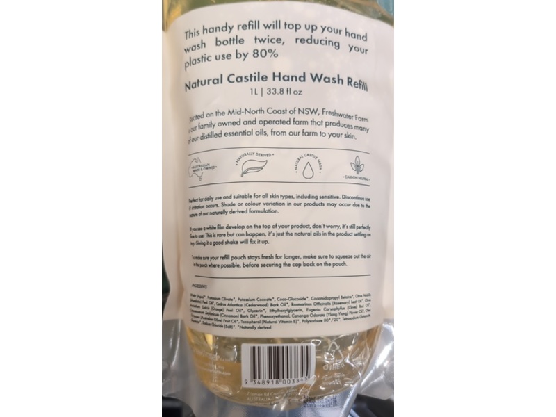 Freshwater Farm Revitalising Castile Hand Wash Refill, Mandarin + Cedarwood Oil, 33.8 fl oz/1 L