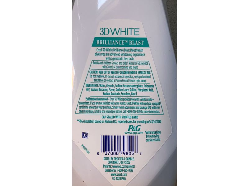 Crest 3D White Brilliance Blast Mouthwash, Energizing Mint, 33.8 fl oz/1 L