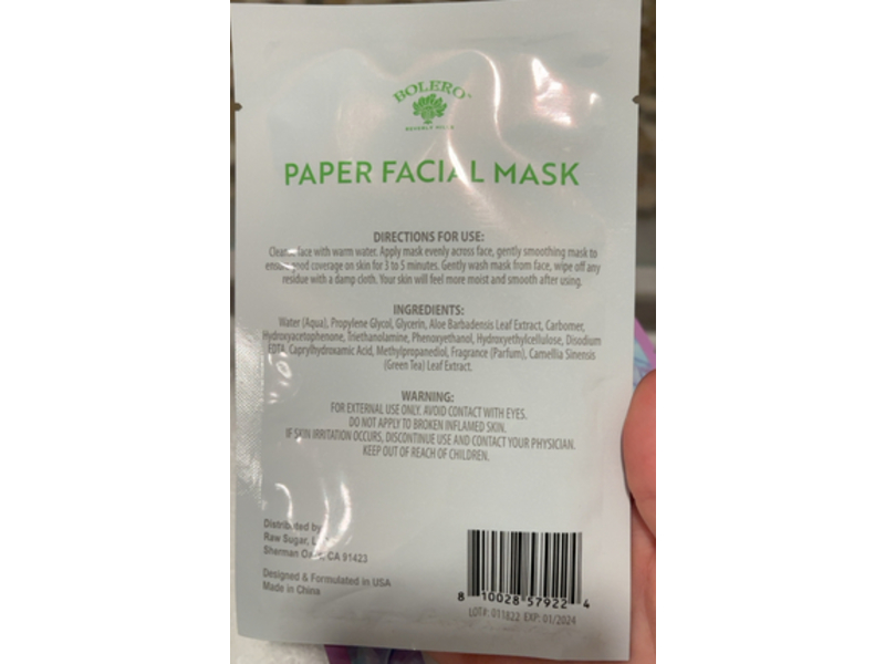 Bolero Beverly Hills Restoring Paper Facial Mask, Green Tea, 0.37 fl oz/11 mL, 1 Count