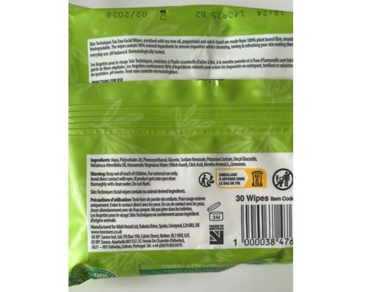 Skin Techniquies Biodegradable Facial Wipes, Tea Tree & Peppermint, 30 Count