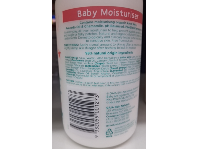 GAIA Natural Baby Moisturiser, 500 mL