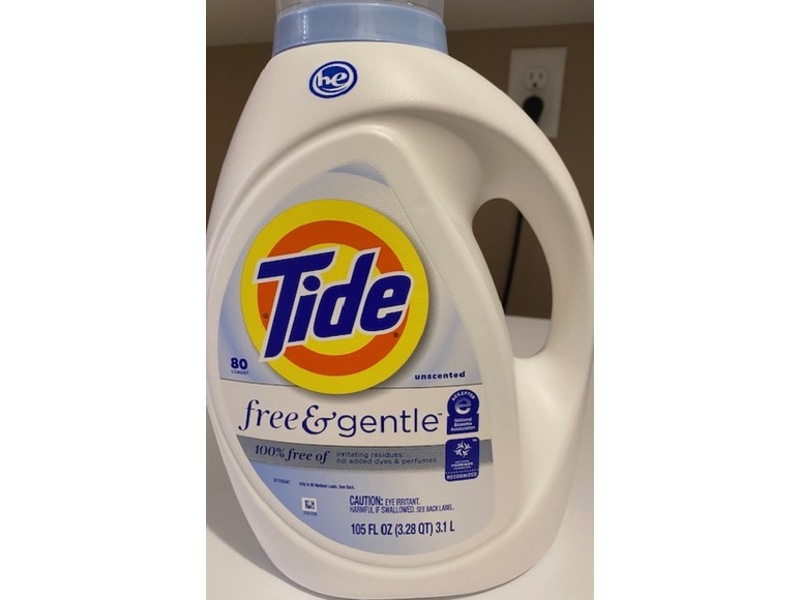 Tide Free & Gentle Liquid Detergent, Unscented, 80 Loads, 105 fl oz/3.1 L.