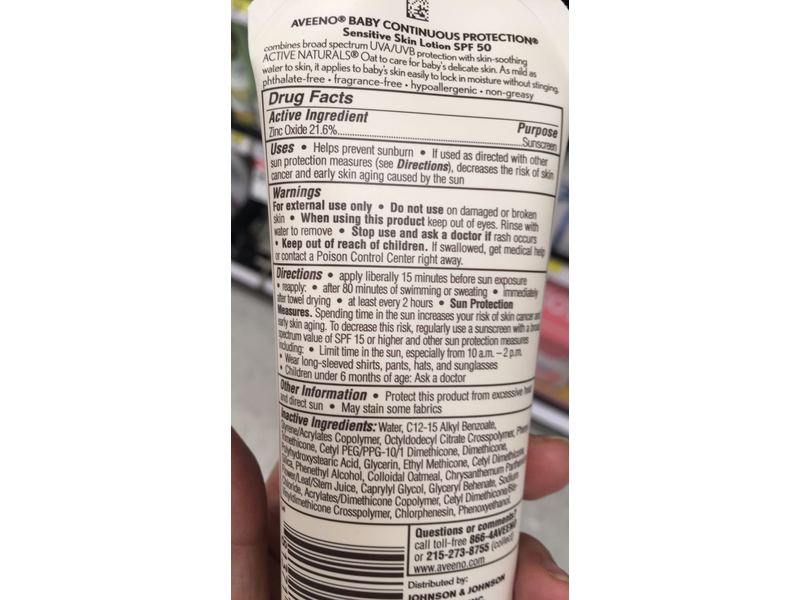 Aveeno Baby Continuous Protection Sensitive Skin Zinc Oxide Sunscreen Lotion, SPF50, 30 fl oz/88 ml