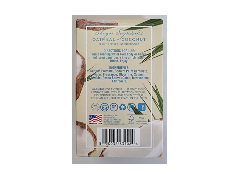 Shugar Soapworks Scented Bar Soap, Oatmeal & Coconut, 5 oz/141.7 g
