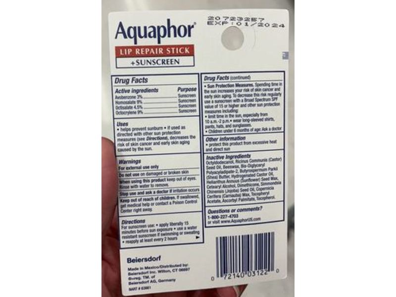 Aquaphor Lip Repair Stick + Sunscreen, SPF 30, 0.17 oz/4.8 g, Pack Of 2