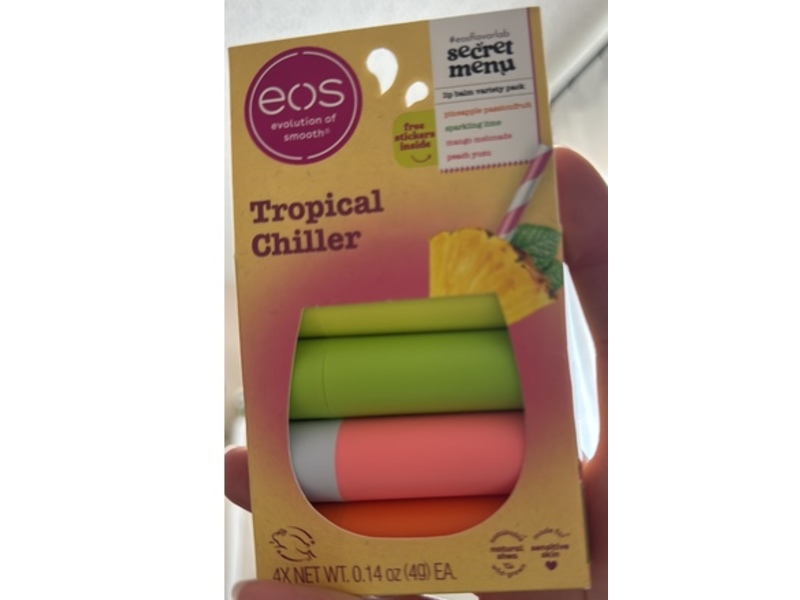 eos Tropical Chiller Lip Balm Variety Pack, Pineapple Passionfruit, Sparkling Lime, Mango Melonade, Peach Yuzu, 0.14 oz/4 g