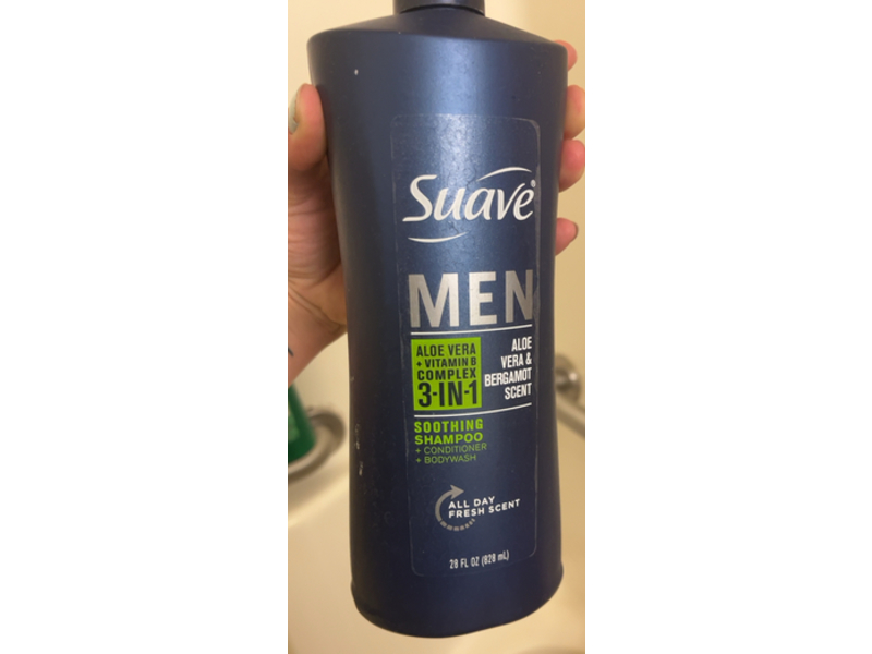 Suave Men 3 In 1 Soothing Shampoo + Conditioner & Body Wash, Aloe Vera & Bergamot Scent, 28 fl oz/828 mL