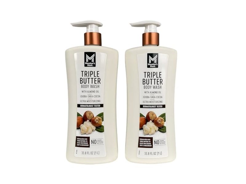 Member's Mark Triple Butter Body Wash, Almond Oil, Jojoba, Shea, Cocoa, 33.8 fl oz/1 L, Pack Of 2