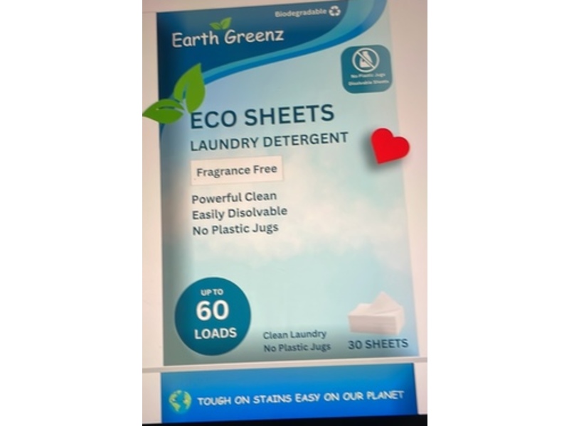 Earth Greenz Eco Sheets Laundry Detergent, Fragrance Free, 60 Loads, 30 Sheets
