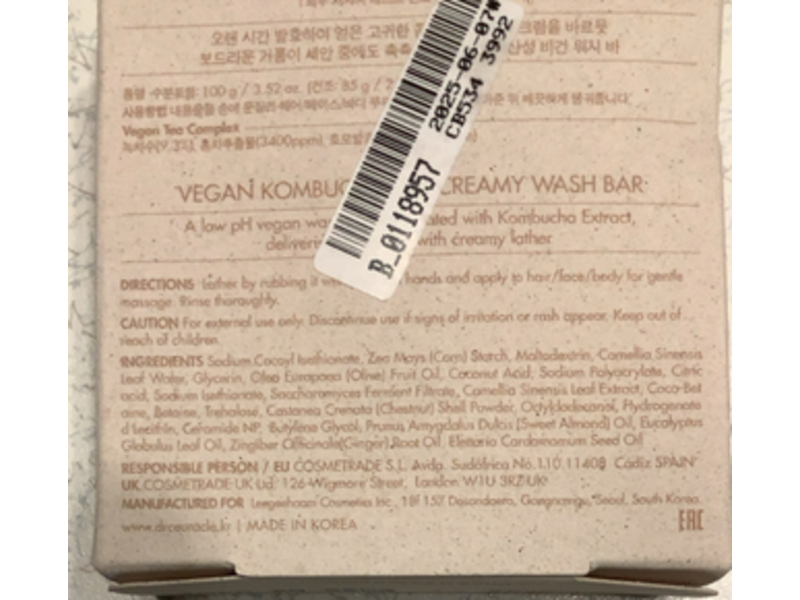 Dr.Ceuracle Vegan Kombucha Tea Creamy Wash Bar, 3.52 oz/100 g