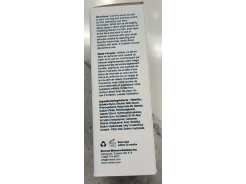 Riversol Treatment Hydrating Serum, Hyaluronic Acid, 1 fl oz/30 mL