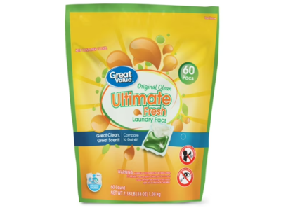 Great Value Ultimate Fresh Laundry Pacs, Original Clean, 60 Pacs, 38 oz/1.08 kg