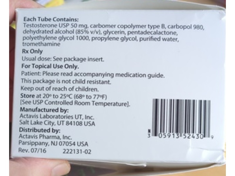 Testosterone Gel 1%, 30 units, Actavis (Rx)