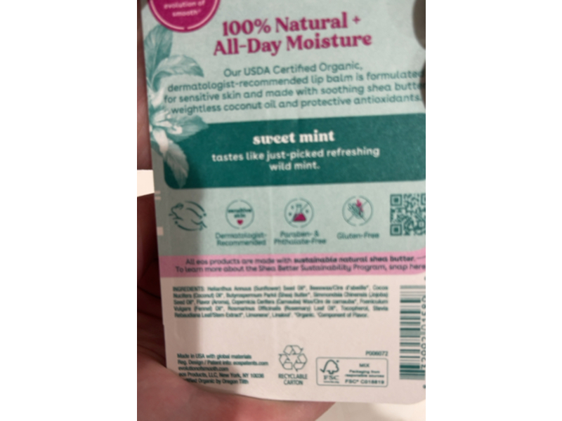Eos Natural & Organic Lip Balm, Sweet Mint, 0.14 oz/4 g
