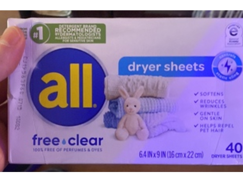 All Dryer Sheets, Free Clear, 40 Count