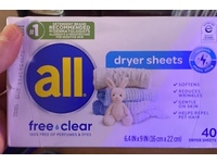 All Dryer Sheets, Free Clear, 40 Count - thumbnail 2