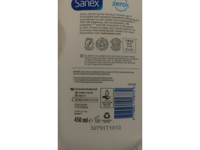 Sanex Zero % Gentle Moisture Shower Gel, 450 mL