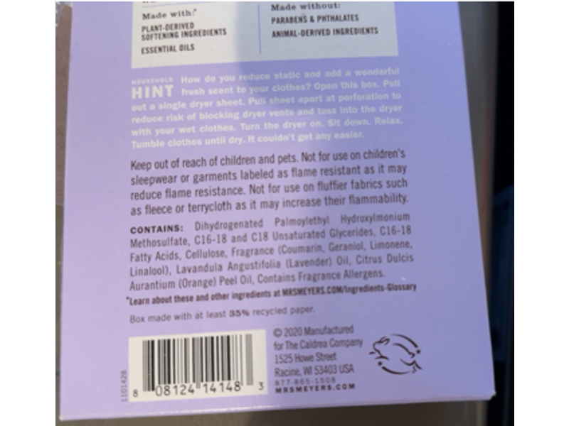 Mrs. Meyer's Clean Day Dryer Sheets, Lavender, 80 Count, Pack of 12