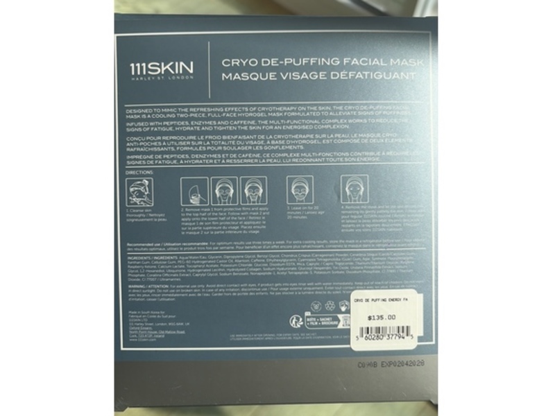 111 Skin Cryo De-Puffing Facial Mask, 1.01 fl oz/30 mL, 5 Count