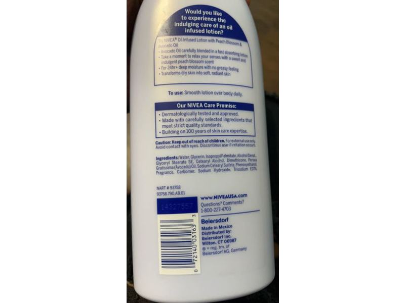 Nivea Oil Infused Body Lotion, Peach Blossom & Avocado Oil, 16.9 fl oz/500 mL, Pack Of 3