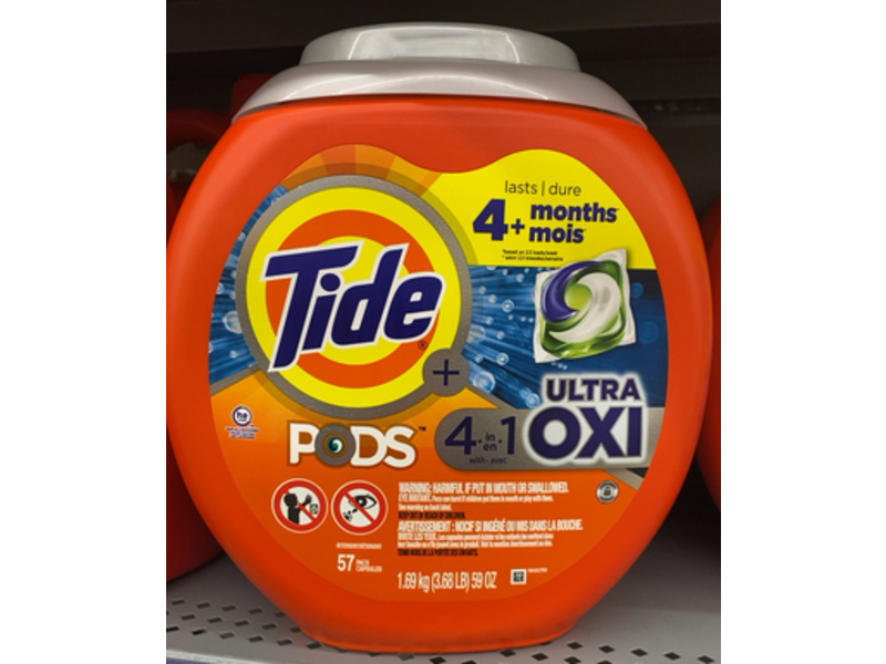 Tide 4-In-1 Ultra Oxi Liquid Laundry Detergent Pods, 59 oz/1.69 Kg, 57 Count