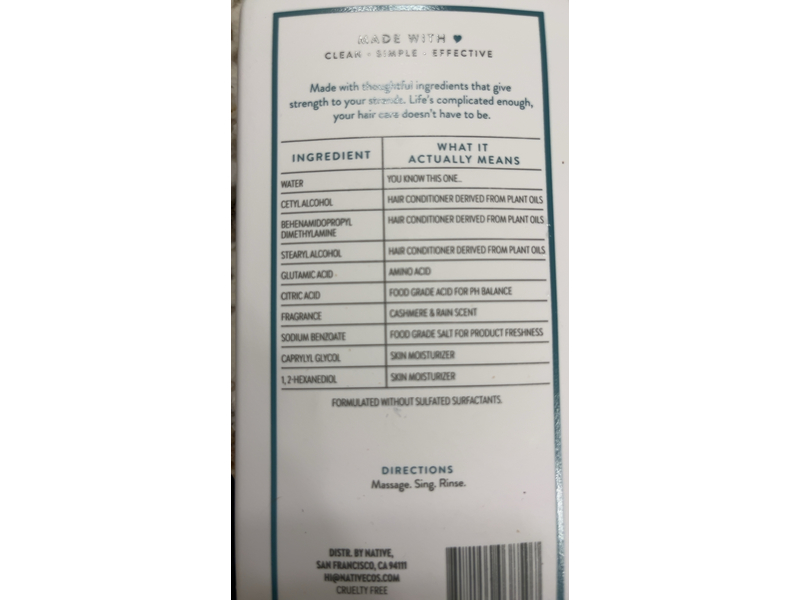 Native Strengthening Conditioner, Cashmere & Rain, 16.5 fl oz/487 mL