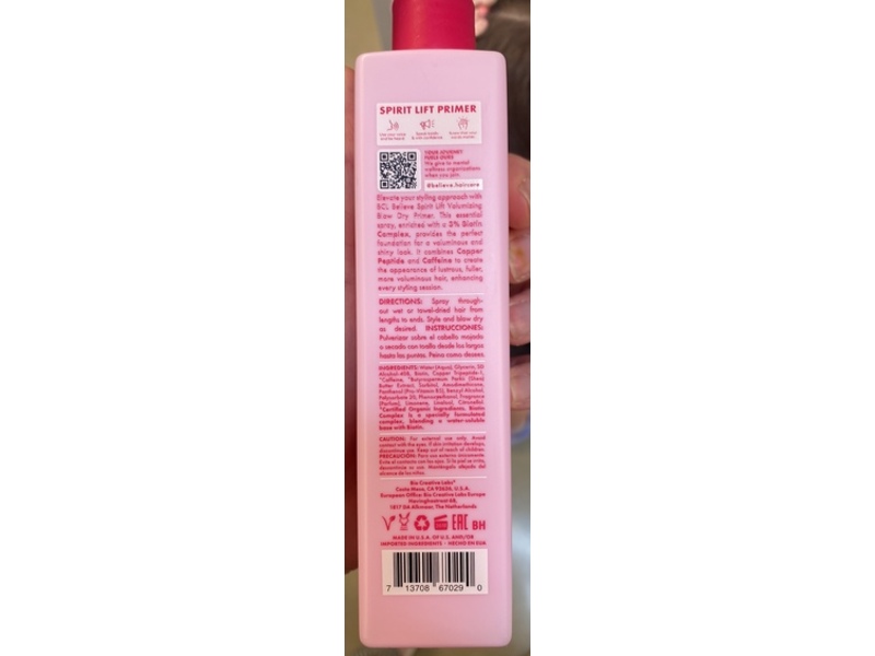 Be Care Love Believe Spirit Lift Volumizing Blow Dry Primer, Biotin Complex, Copper Peptide, Caffeine, 5 fl oz/148 mL