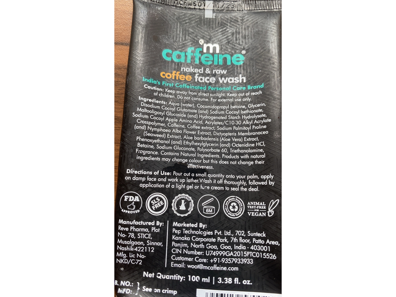 M Caffeine Naked & Raw Face Wash, Coffee & White Water Lily, 3.38 fl oz/100 mL