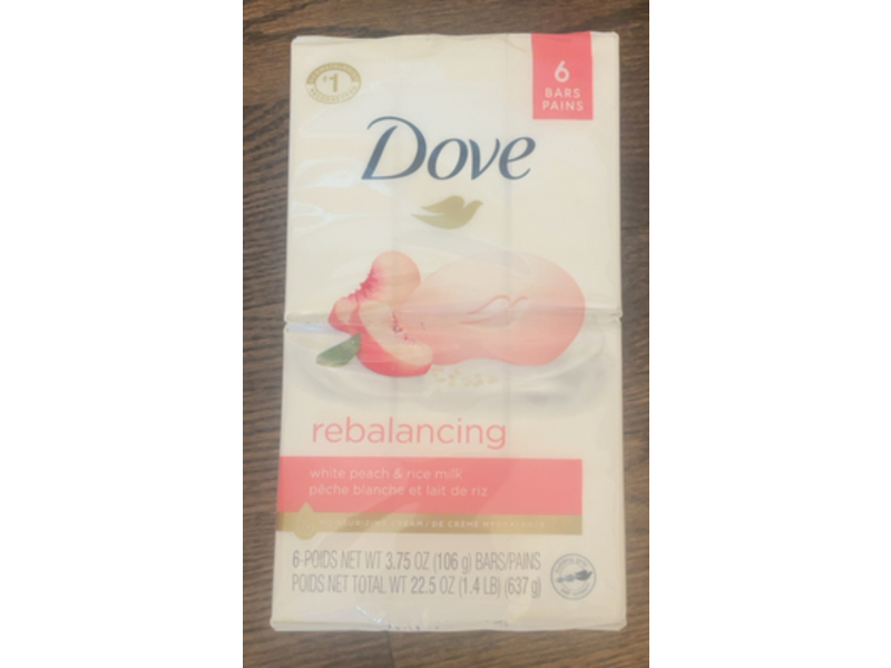 Dove Rebalancing Bar Soap, White Peach & Rice Milk, 3.75 oz/106 g, 6 Count
