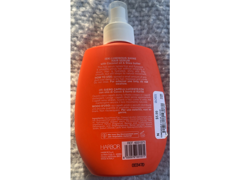 Harbor Hydra Luminous Shine Hair Serum, Coconut Oil + Shea Butter, 8.4 fl oz/250 mL