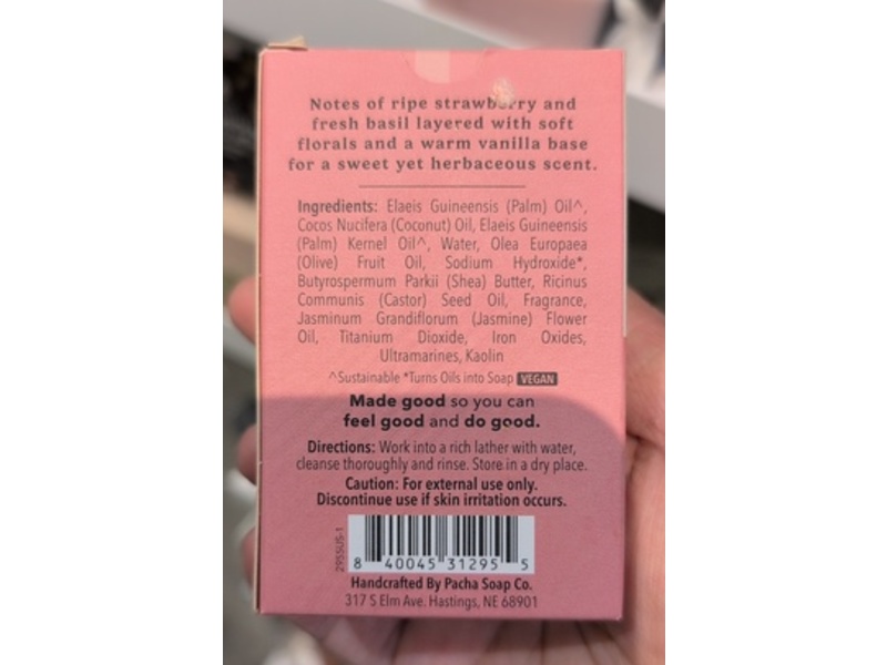 Pacha Soap Co Moisturizing & Gentle Bar Soap, Strawberry & Basil, 4 oz/113 g