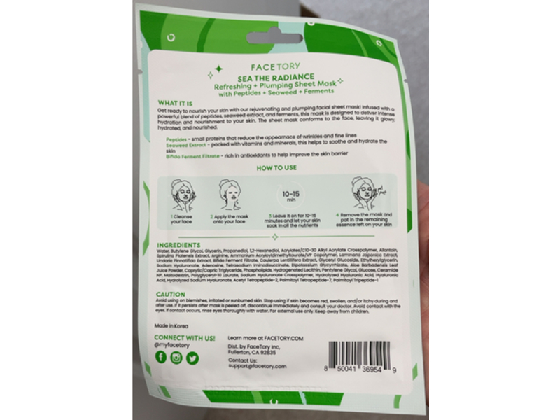 Facetory Sea the Radiance Refreshing + Plumping Sheet Mask, Peptides + Seaweed + Ferments, 0.85 fl oz/25 g, Pack Of 5