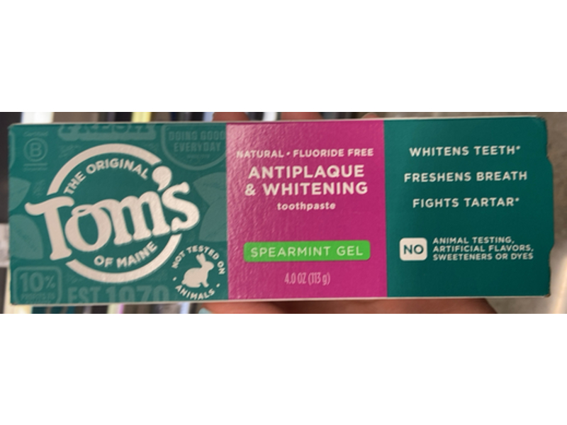 Tom's Of Maine Antiplaque & Whitening Toothpaste, Spearmint Gel, 4.0 oz/113 g, Pack Of 3