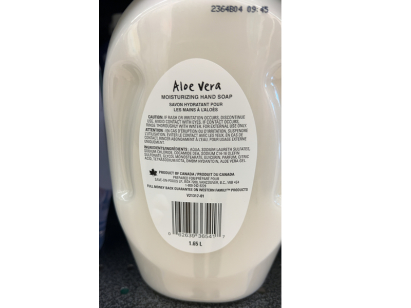 Western Family Moisturizing Hand Soap, Aloe Vera, 1.65 L