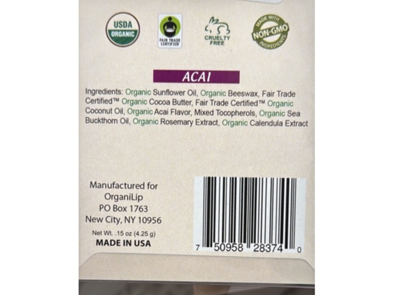 OrganiLip Ultra Moisturizing Organic Lip Balm, Organic Sea Buckthorn, Acai, 15 oz/4.25 g, Pack Of 3