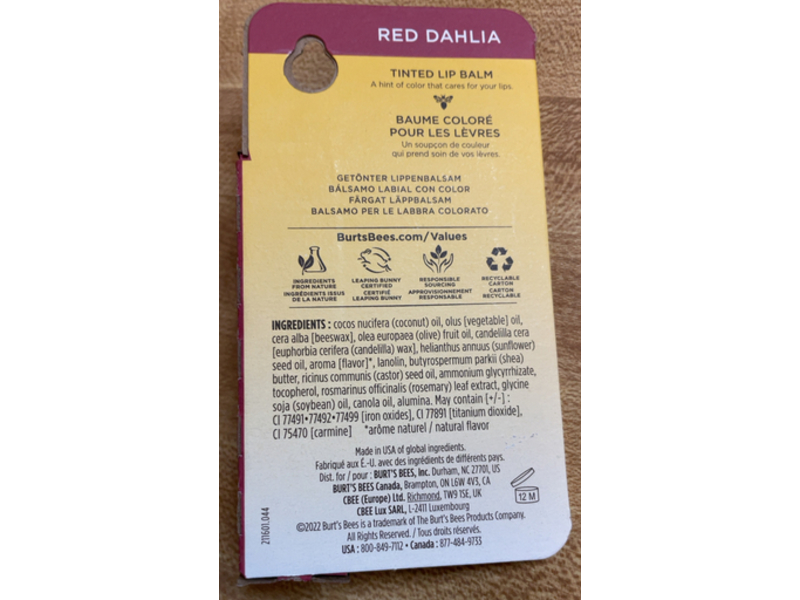 Burt's Bees Tinted Lip Balm, Red Dahlia, 0.15 oz/.25 g