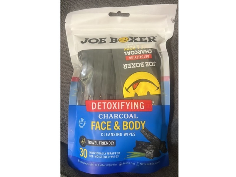 Joe Boxer Detoxifying Face & Body Cleansing Wipes, Charcoal, 30 Count