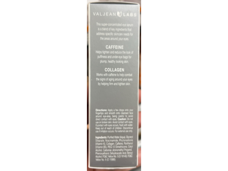 Valjean Labs De-Puff Eye Serum, Caffeine + Collagen, 1 fl oz/30 mL